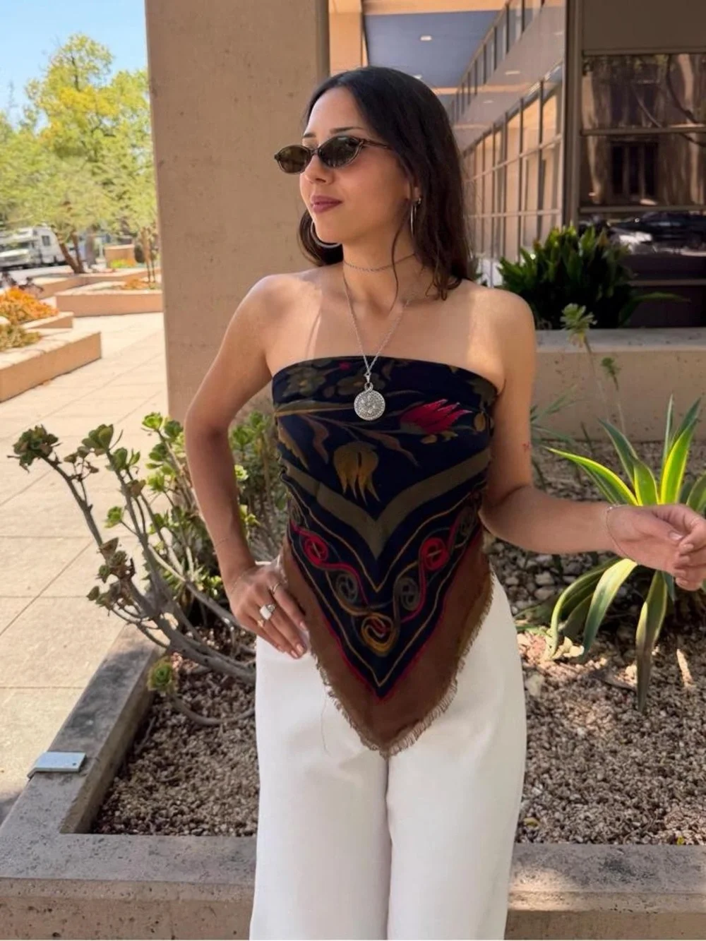 Brown and black floral and geometric print scarf top with fringe #boho #festival